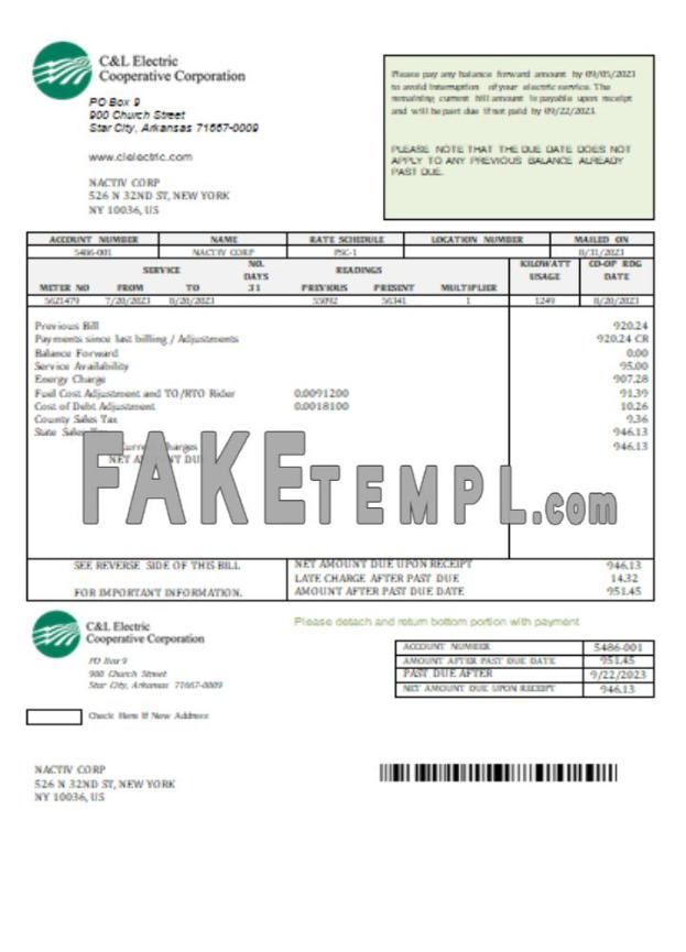 C & L Electric Cooperative Corporation fake business utility bill Word and PDF template